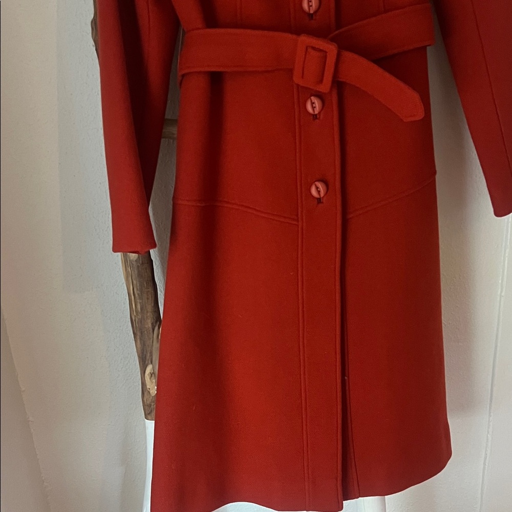 Vintage 70s Young Miss Rust Orange Brick Red Wool Trench Coat with Belt Small - Picture 4 of 9